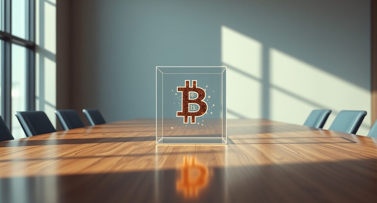 MicroStrategy's $14.5 billion Bitcoin loss represented by a fragmented digital asset in a corporate boardroom.