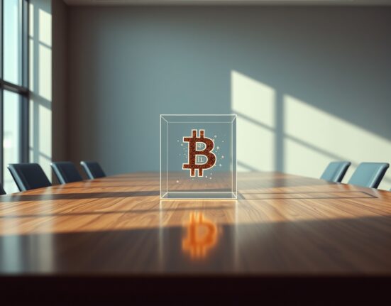 MicroStrategy's $14.5 billion Bitcoin loss represented by a fragmented digital asset in a corporate boardroom.