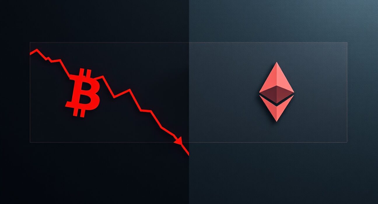 Financial charts showing Bitcoin and Ethereum price declines representing corporate cryptocurrency investment losses