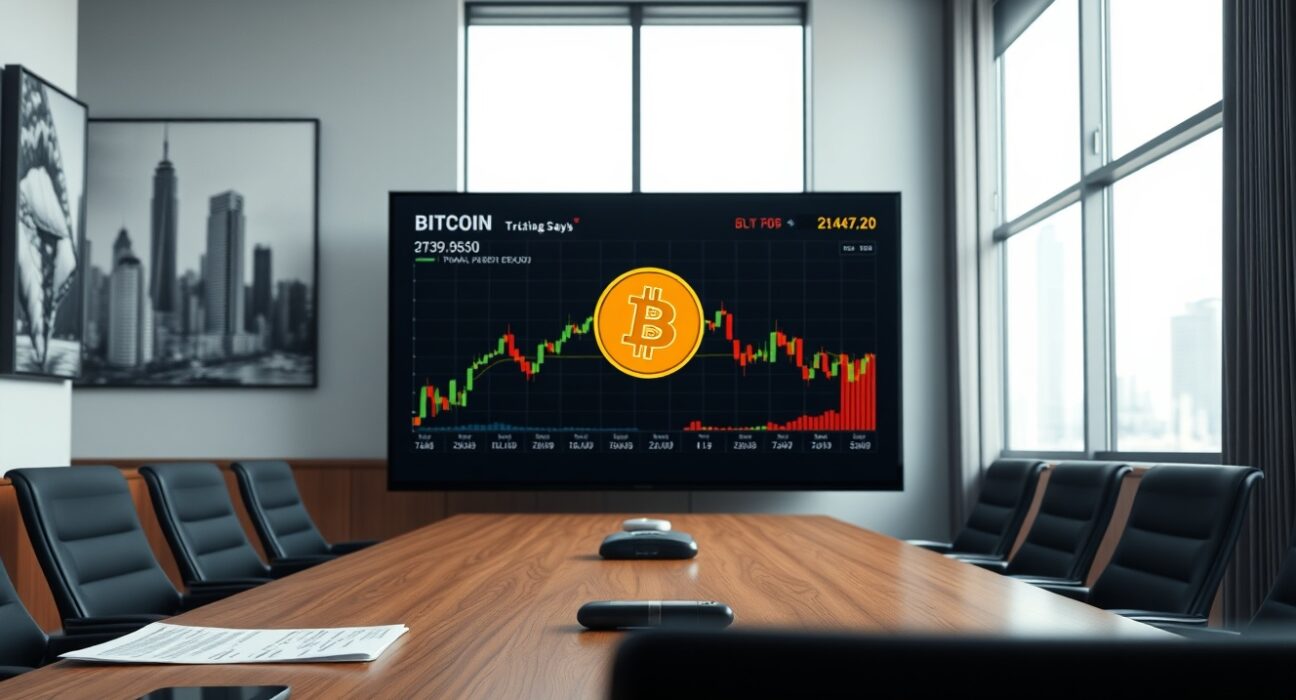 Corporate boardroom with digital screen showing Bitcoin price chart and logo