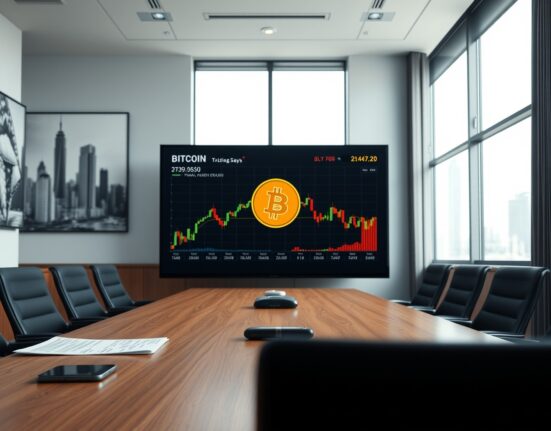 Corporate boardroom with digital screen showing Bitcoin price chart and logo