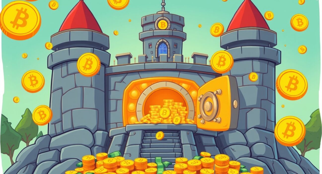 A vibrant cartoon illustration of MicroStrategy cash reserves and Bitcoin treasury as a powerful corporate fortress.