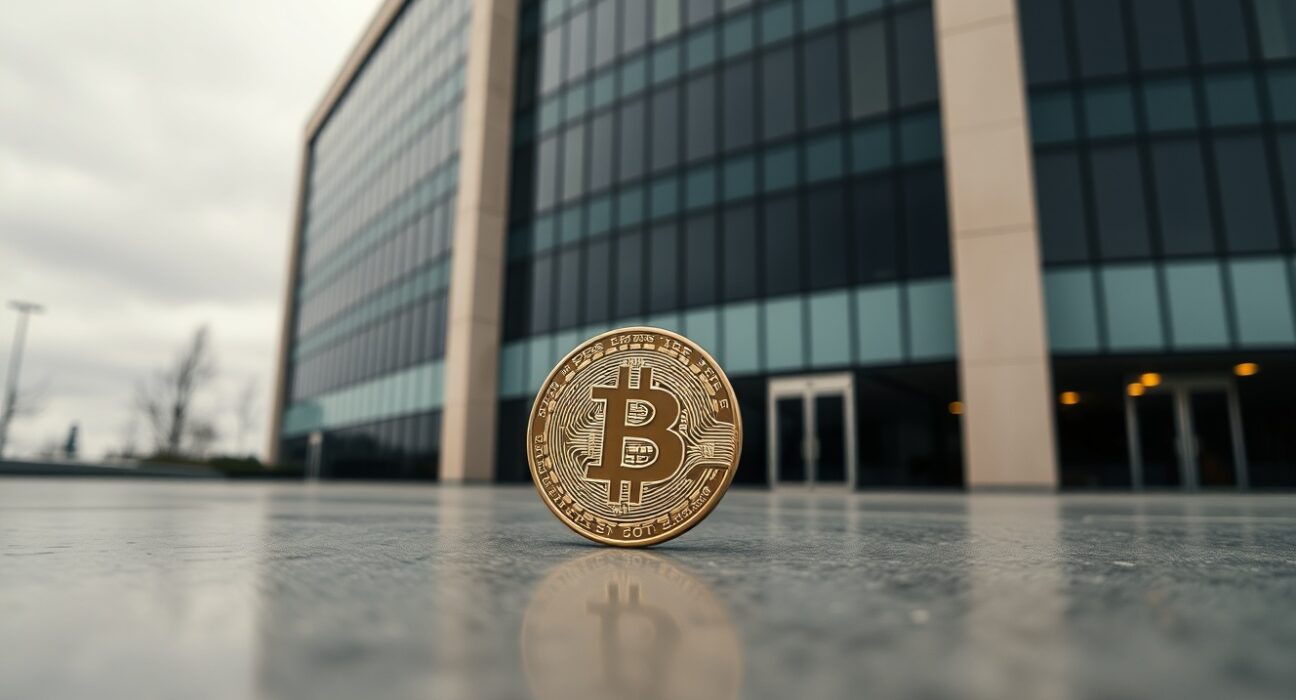 Modern corporate office building with a Bitcoin coin in foreground symbolizing MicroStrategy's financial situation