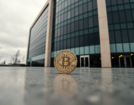 Modern corporate office building with a Bitcoin coin in foreground symbolizing MicroStrategy's financial situation