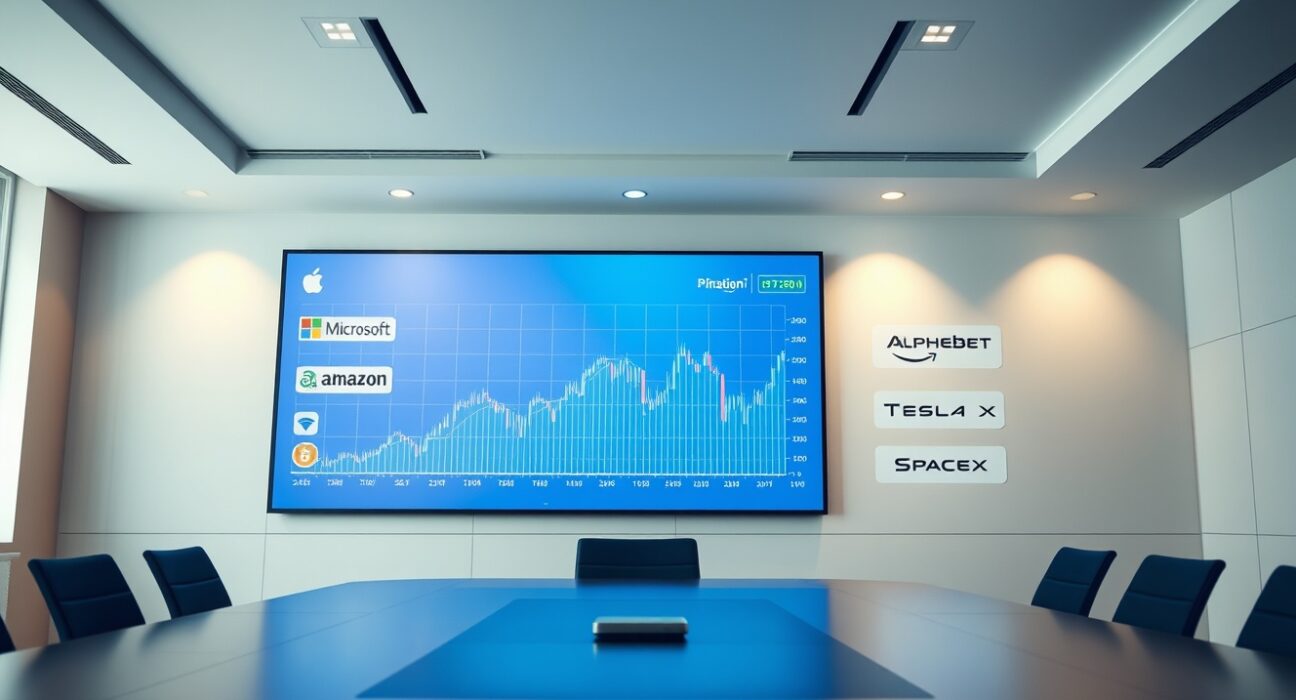 A corporate boardroom with a digital screen showing stock logos and a Bitcoin symbol, representing the potential expansion of the Magnificent Seven.