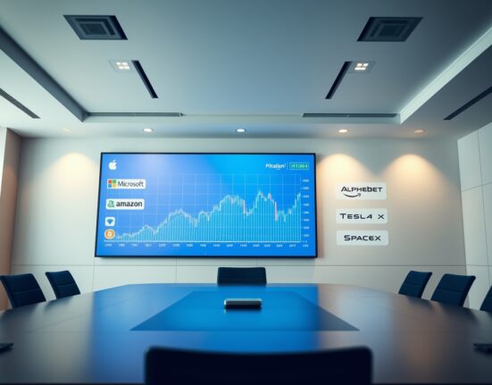 A corporate boardroom with a digital screen showing stock logos and a Bitcoin symbol, representing the potential expansion of the Magnificent Seven.
