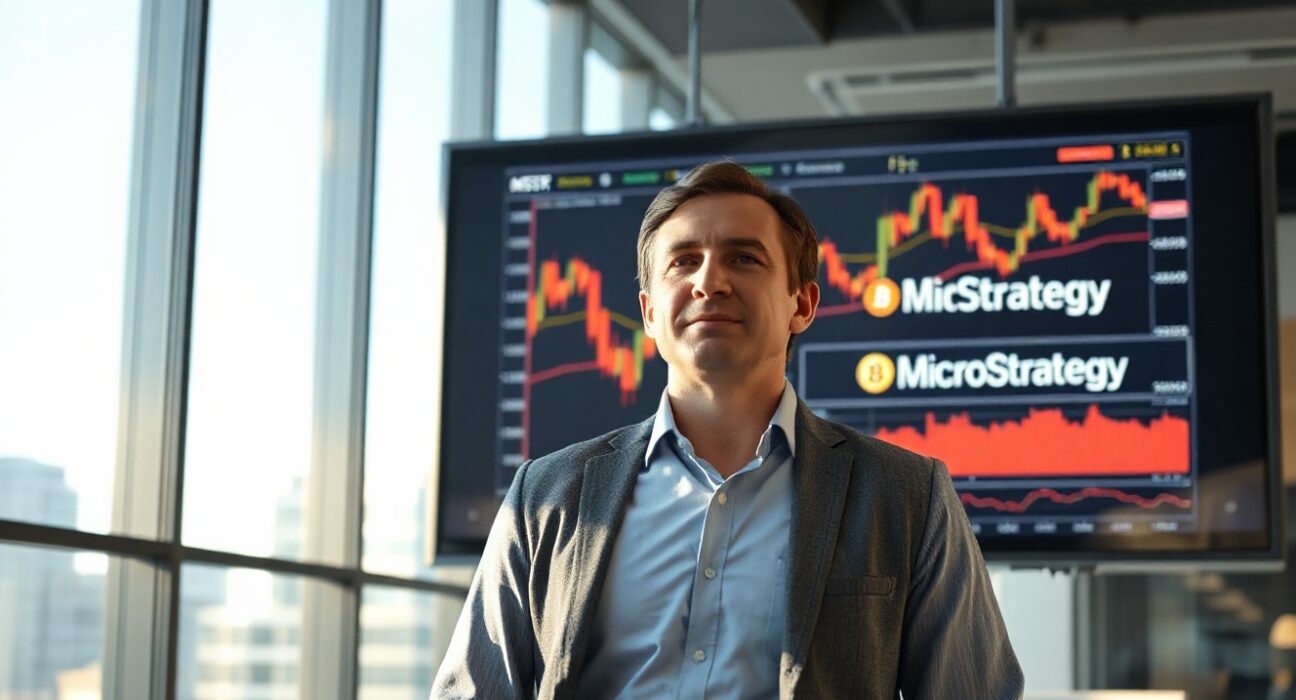 Financial analyst in office with Bitcoin chart and MicroStrategy logo on screen