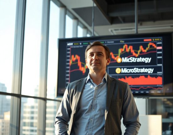 Financial analyst in office with Bitcoin chart and MicroStrategy logo on screen