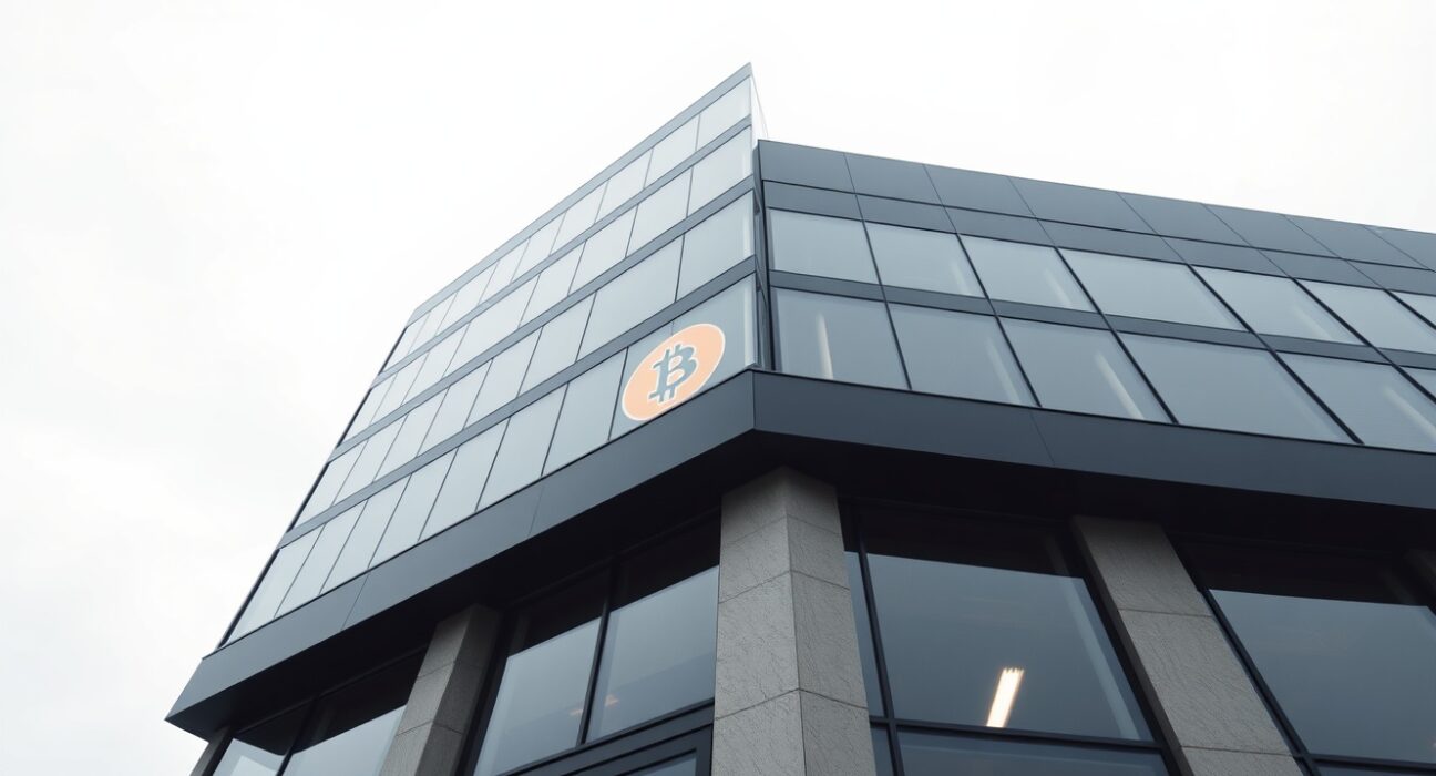 Corporate office building with Bitcoin reflection symbolizing MicroStrategy's BTC strategy
