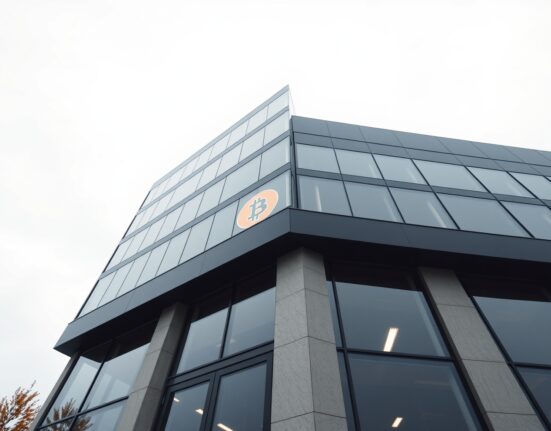 Corporate office building with Bitcoin reflection symbolizing MicroStrategy's BTC strategy