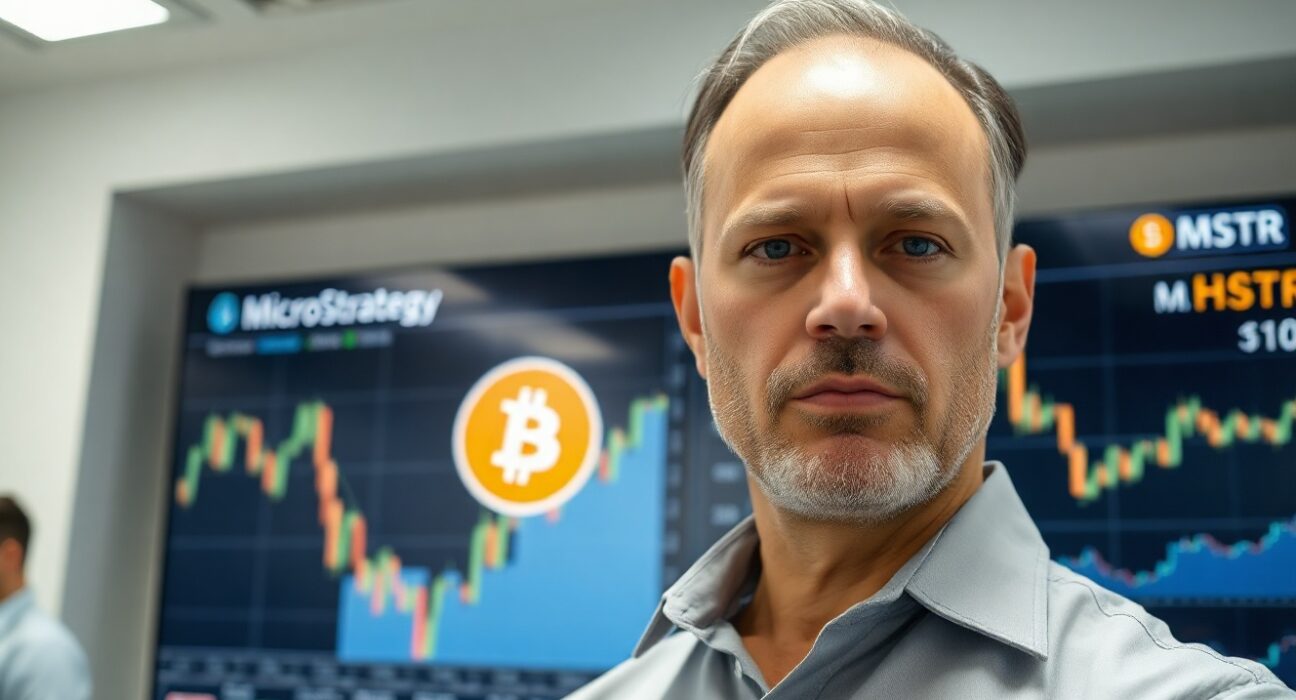 BTC.TOP founder Jiang Zhuoer in office with Bitcoin charts in background