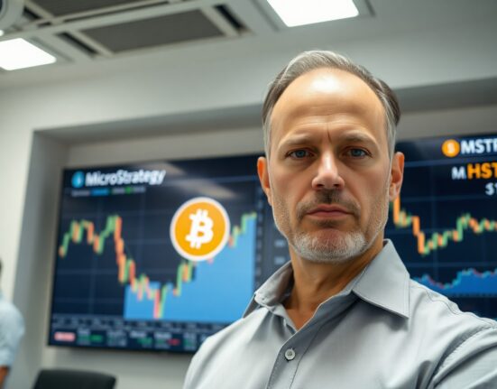 BTC.TOP founder Jiang Zhuoer in office with Bitcoin charts in background