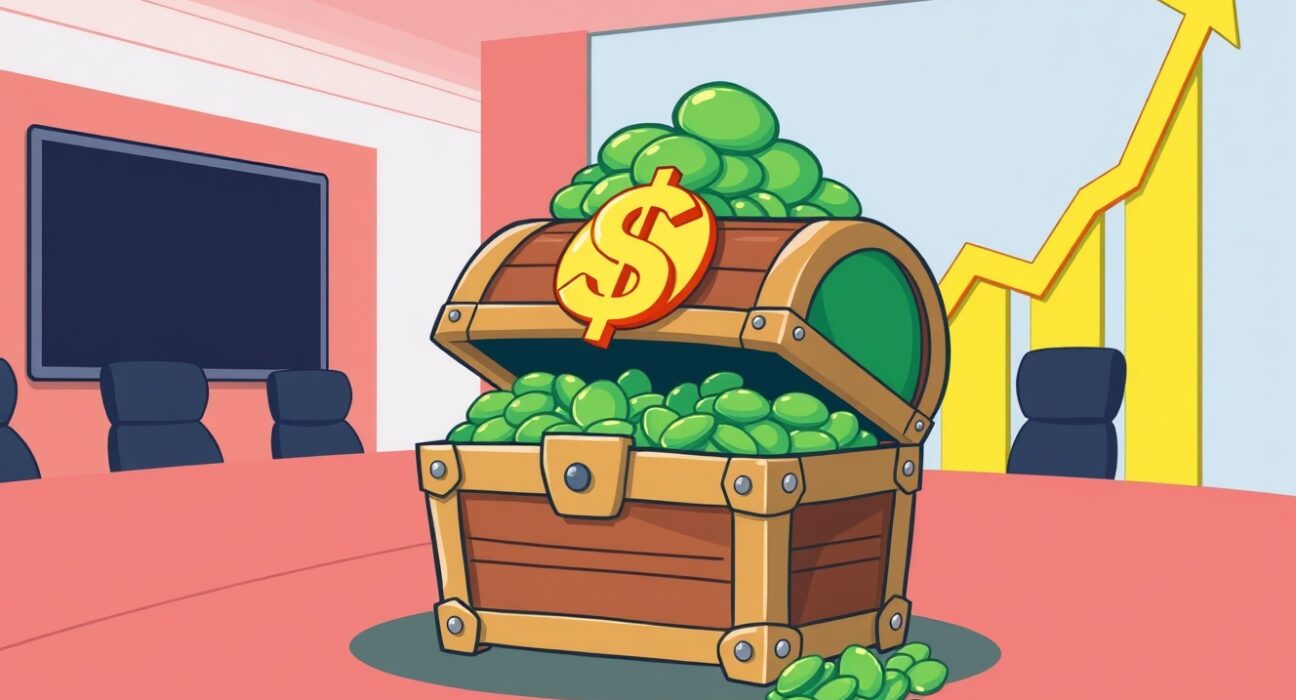 Cartoon illustration of MicroStrategy's massive dividend reserve fund as a secure treasure chest for shareholders.