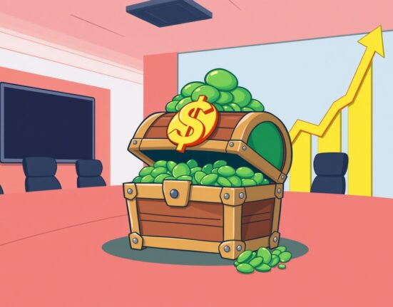 Cartoon illustration of MicroStrategy's massive dividend reserve fund as a secure treasure chest for shareholders.