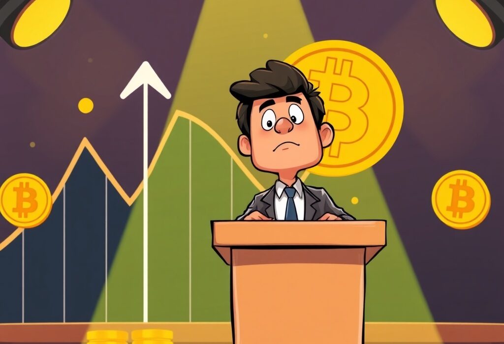 A cartoon leader addressing an audience, symbolizing the anticipation around MicroStrategy earnings and its potential impact on Bitcoin.