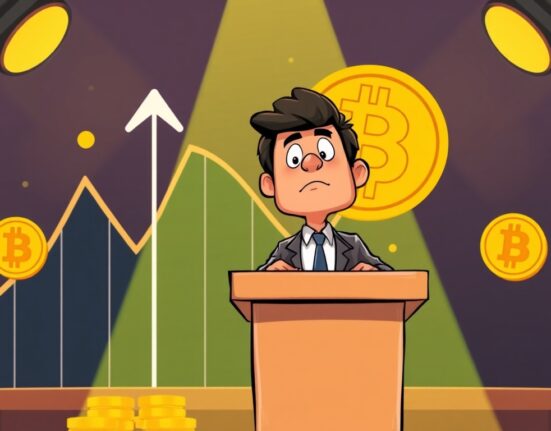 A cartoon leader addressing an audience, symbolizing the anticipation around MicroStrategy earnings and its potential impact on Bitcoin.