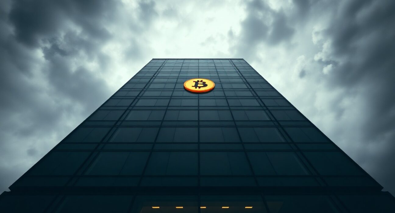 Corporate building facade with Bitcoin symbol reflection under stormy sky, representing MicroStrategy financial risk.