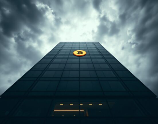 Corporate building facade with Bitcoin symbol reflection under stormy sky, representing MicroStrategy financial risk.