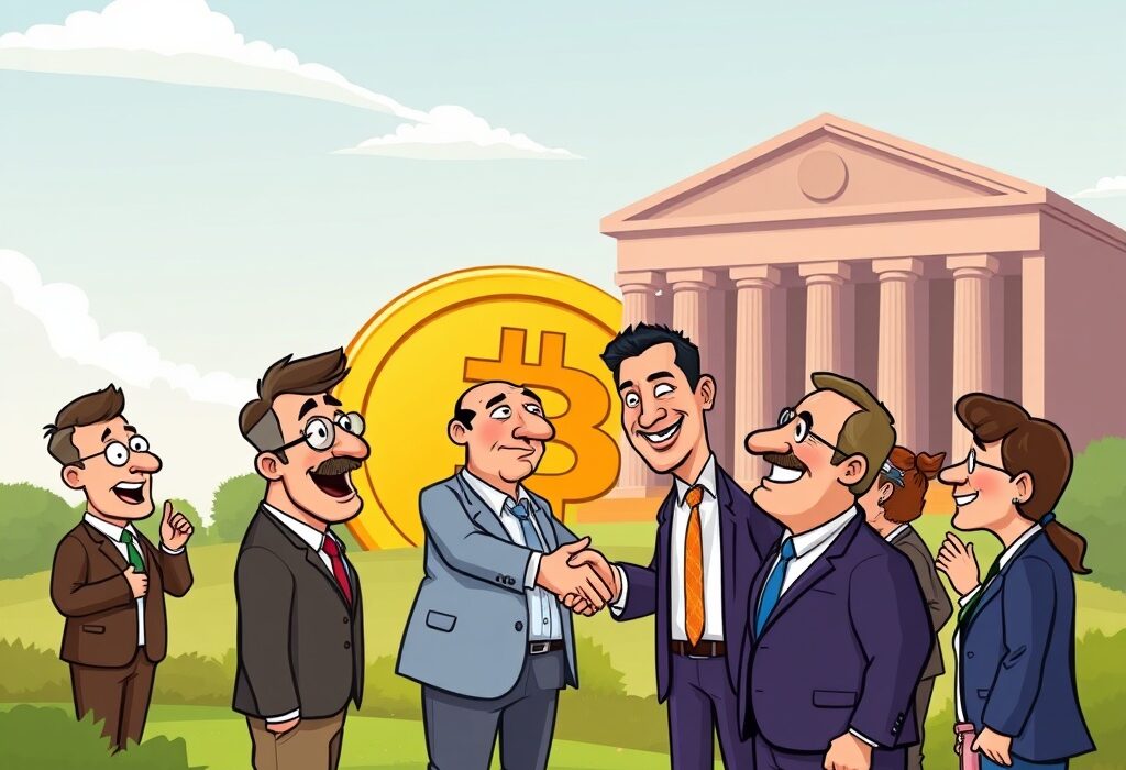 Cartoon showing investors and a company representative shaking hands, signifying the withdrawal of the MicroStrategy lawsuit over Bitcoin strategy.
