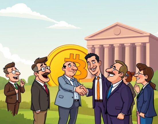 Cartoon showing investors and a company representative shaking hands, signifying the withdrawal of the MicroStrategy lawsuit over Bitcoin strategy.