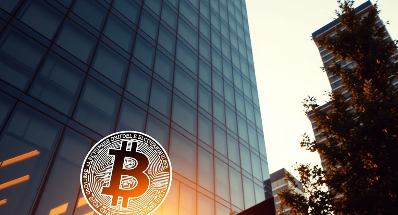 Modern corporate office building with Bitcoin symbol reflection in glass facade