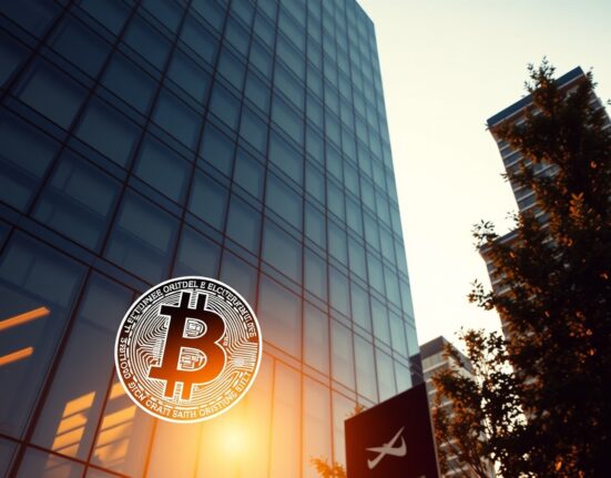 Modern corporate office building with Bitcoin symbol reflection in glass facade