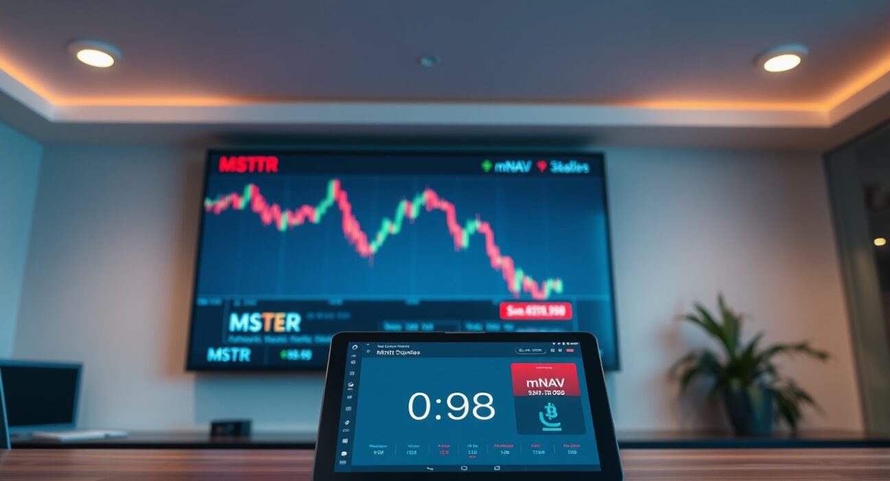 Financial analyst desk with MSTR stock chart and Bitcoin ticker showing mNAV below 1