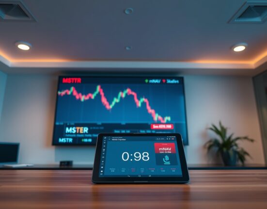 Financial analyst desk with MSTR stock chart and Bitcoin ticker showing mNAV below 1