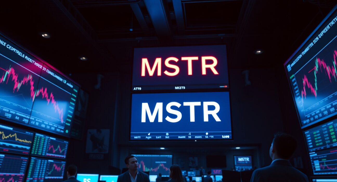 Stock market trading floor with MSTR ticker displayed in red on digital screens indicating a price decline.