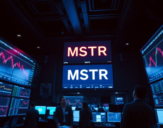 Stock market trading floor with MSTR ticker displayed in red on digital screens indicating a price decline.