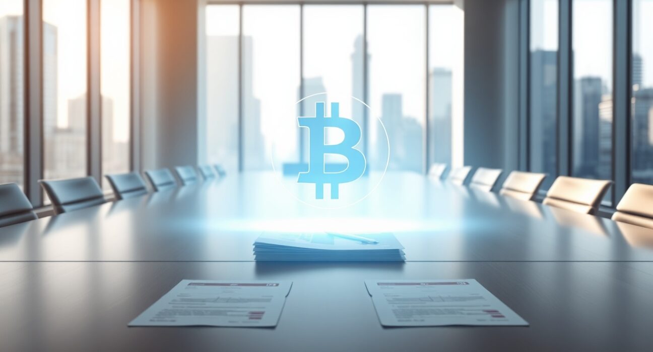 MicroStrategy's corporate Bitcoin acquisition strategy visualized in a boardroom setting