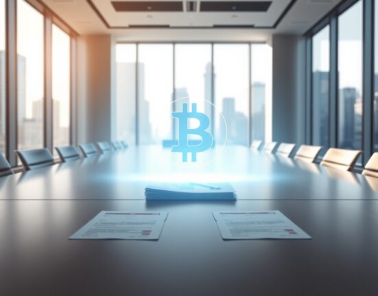 MicroStrategy's corporate Bitcoin acquisition strategy visualized in a boardroom setting