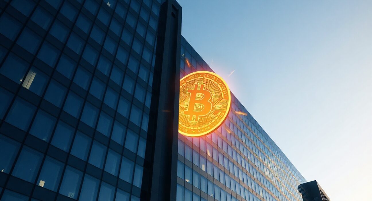 MicroStrategy corporate building with a glowing Bitcoin symbol representing its digital asset holdings