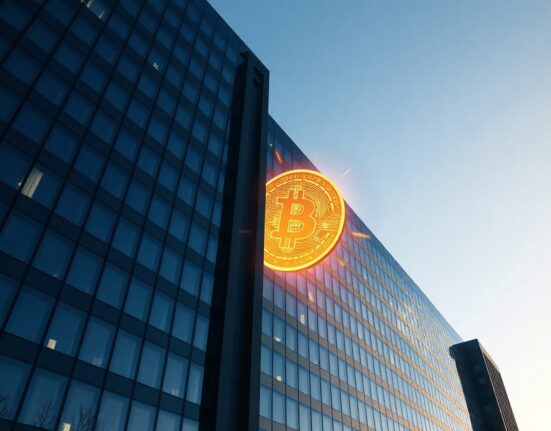 MicroStrategy corporate building with a glowing Bitcoin symbol representing its digital asset holdings