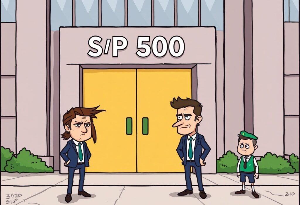 A cartoon illustration showing MicroStrategy's disappointment after failing MicroStrategy S&P 500 inclusion.