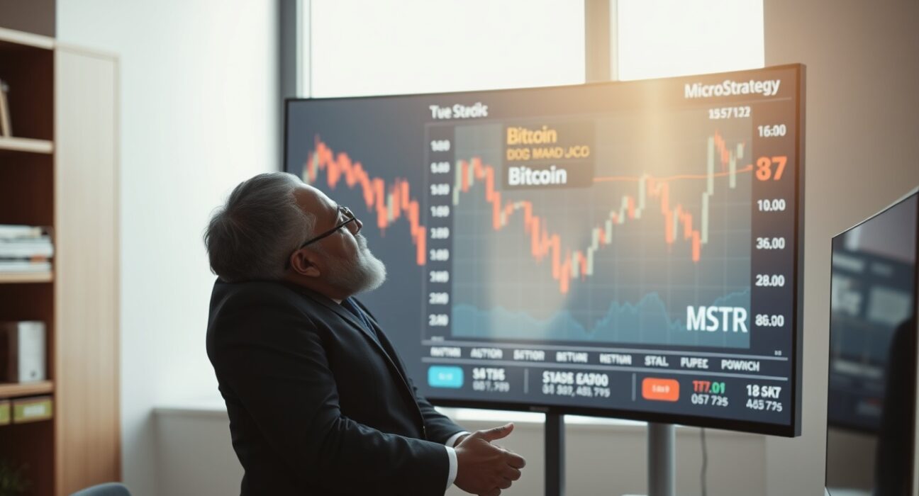 Financial analyst reviewing MicroStrategy stock and Bitcoin price charts on a digital screen