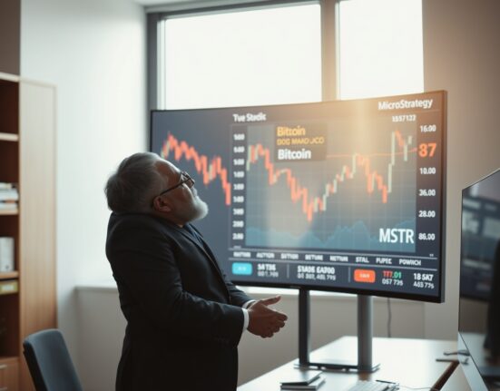 Financial analyst reviewing MicroStrategy stock and Bitcoin price charts on a digital screen