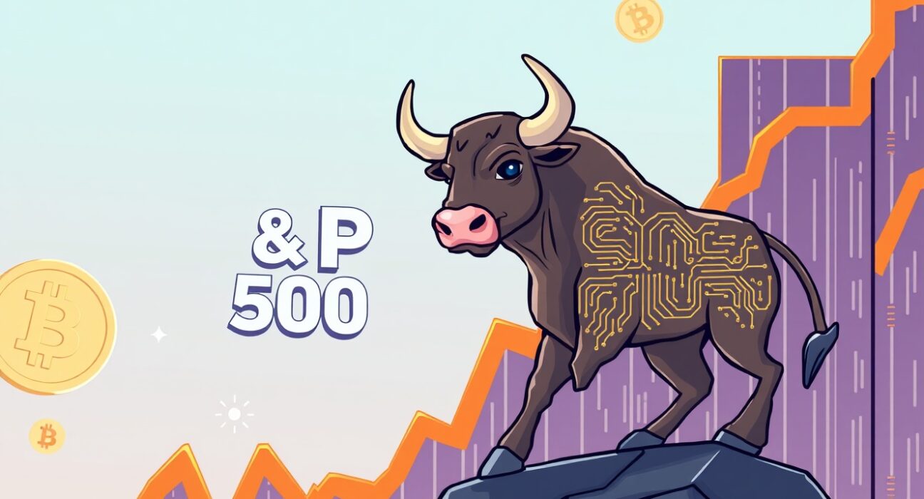 A cartoon bull symbolizing MicroStrategy's strong market position, eyeing potential MicroStrategy S&P 500 inclusion.
