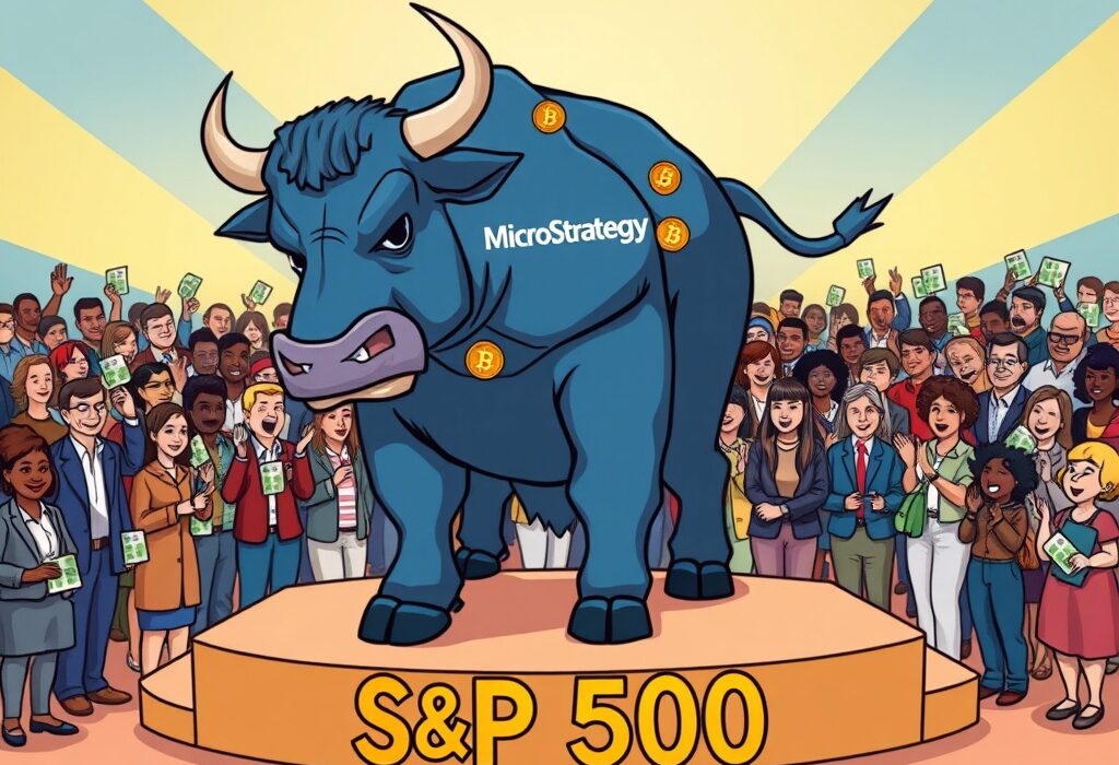 Illustration of MicroStrategy's potential MicroStrategy S&P 500 inclusion, symbolizing a new era of Bitcoin institutional adoption for investors.