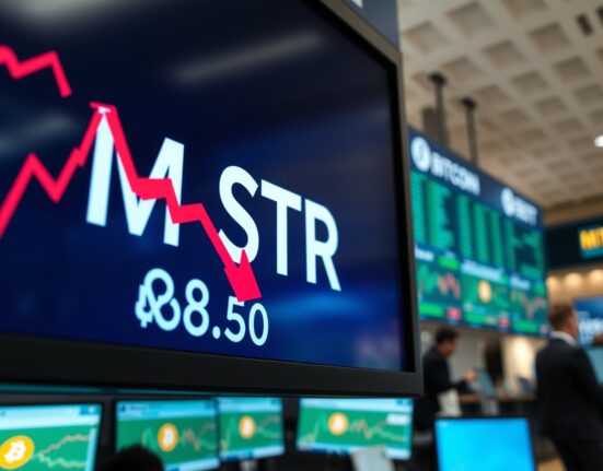 Stock market board showing MSTR ticker with a red downward arrow and price below $90