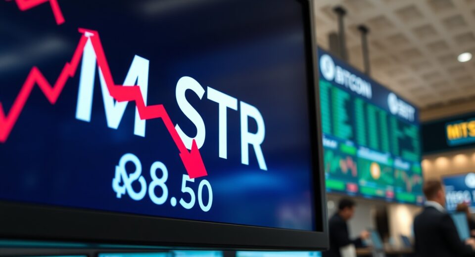 Stock market board showing MSTR ticker with a red downward arrow and price below $90