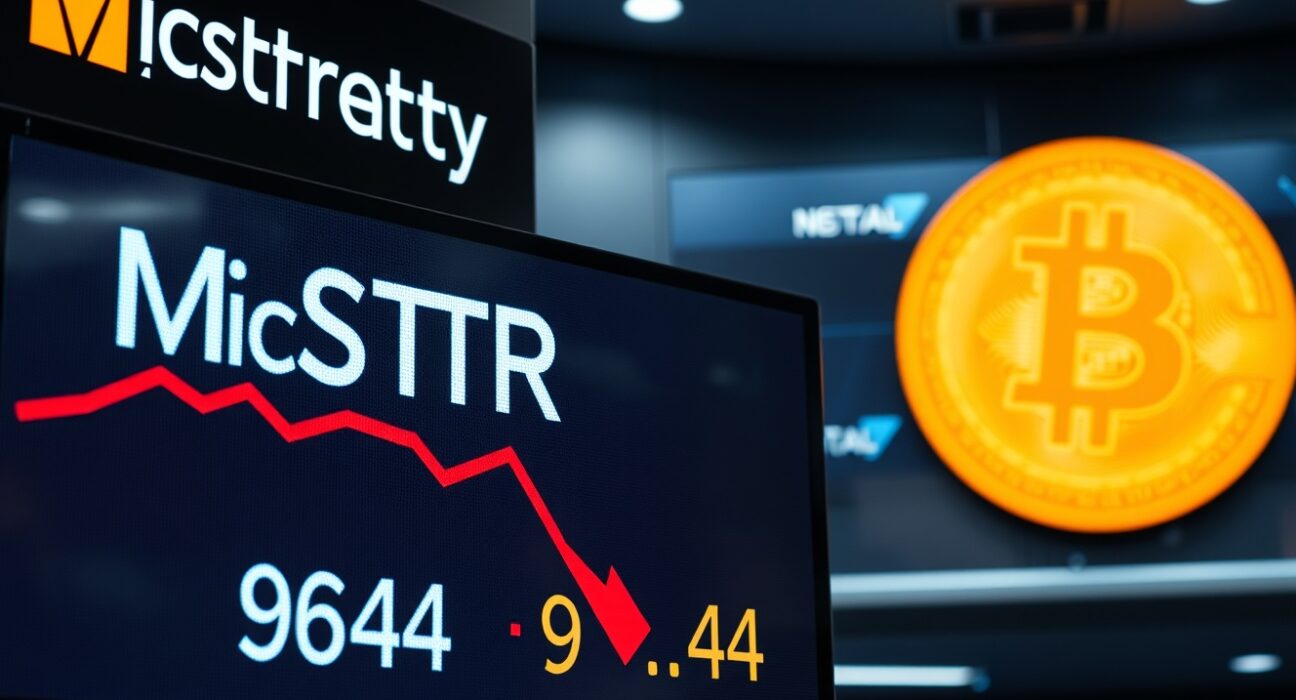 Stock market display showing MicroStrategy (MSTR) stock price down 10.69% with Bitcoin logo in background.