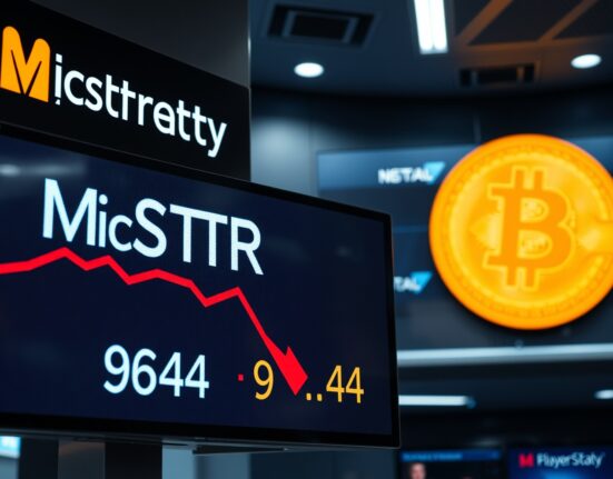 Stock market display showing MicroStrategy (MSTR) stock price down 10.69% with Bitcoin logo in background.