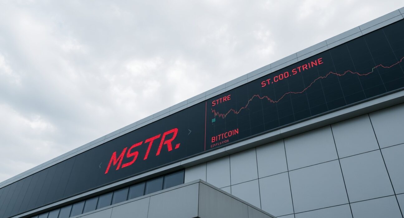 Corporate office building with stock ticker showing falling MicroStrategy share price