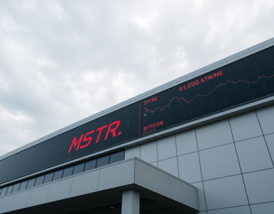 Corporate office building with stock ticker showing falling MicroStrategy share price