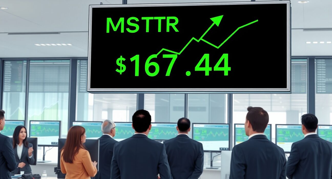 MicroStrategy MSTR stock ticker showing a significant price increase during a Bitcoin market rally.