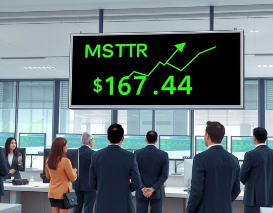 MicroStrategy MSTR stock ticker showing a significant price increase during a Bitcoin market rally.