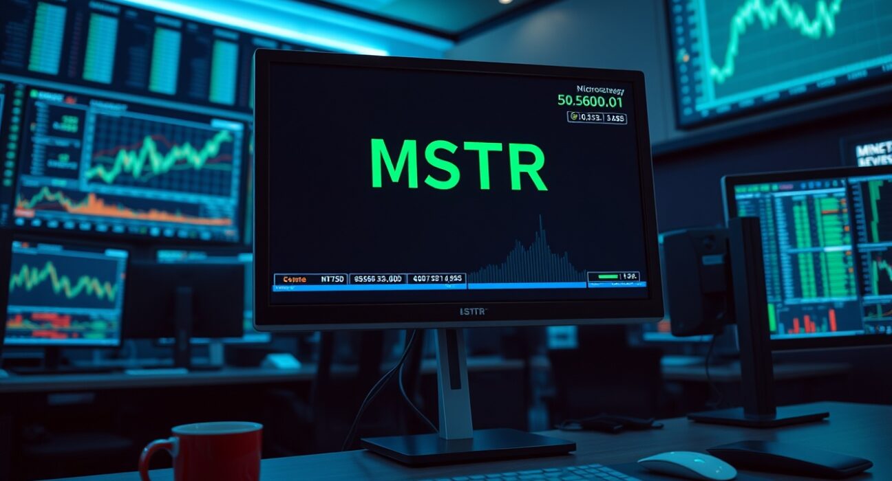 Trading desk monitors showing MicroStrategy (MSTR) stock price chart with green upward trend