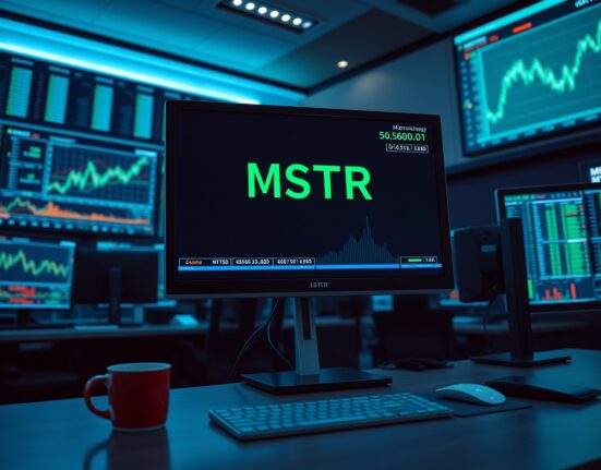 Trading desk monitors showing MicroStrategy (MSTR) stock price chart with green upward trend