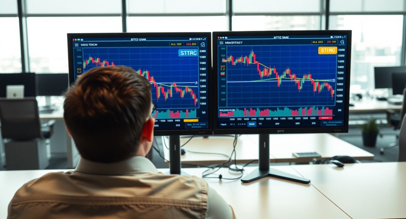 Financial analyst monitors showing correlated price charts of Bitcoin and MicroStrategy STRC stock in a newsroom setting